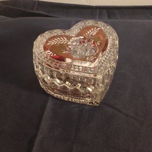 Vintage Etched Crystal Glass heart shape trinket box dish Enesco